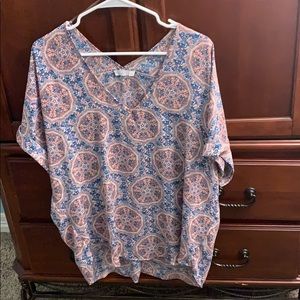 Pink and blue v neck blouse